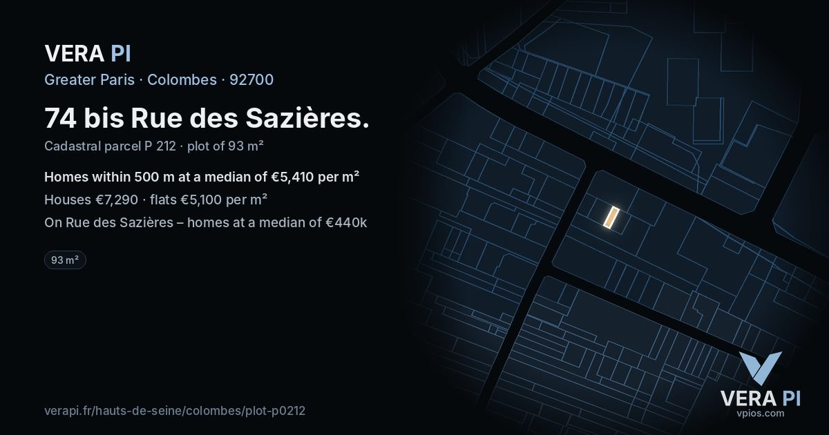 74 bis Rue des Sazières, Colombes at night – the plot lit, the parcels around coloured by the prices near them