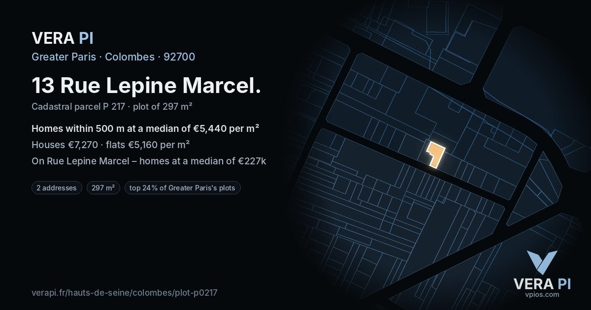 13 Rue Lepine Marcel, Colombes at night – the plot lit, the parcels around coloured by the prices near them