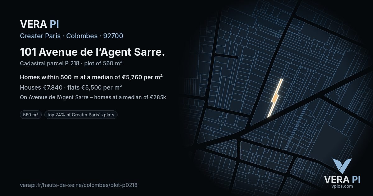 101 Avenue de l’Agent Sarre, Colombes at night – the plot lit, the parcels around coloured by the prices near them