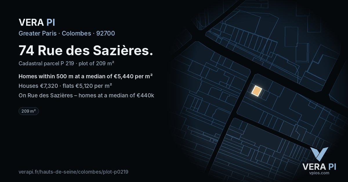 74 Rue des Sazières, Colombes at night – the plot lit, the parcels around coloured by the prices near them