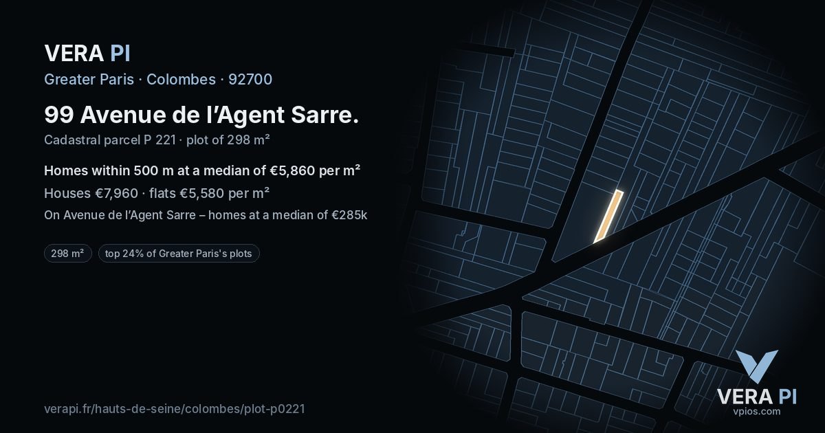 99 Avenue de l’Agent Sarre, Colombes at night – the plot lit, the parcels around coloured by the prices near them