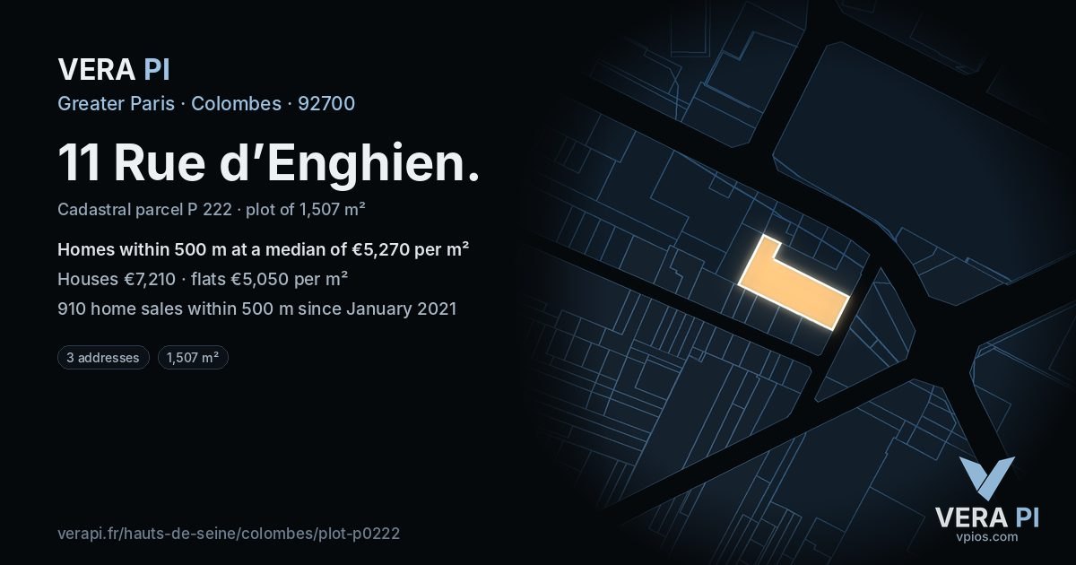 11 Rue d’Enghien, Colombes at night – the plot lit, the parcels around coloured by the prices near them