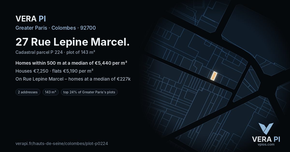 27 Rue Lepine Marcel, Colombes at night – the plot lit, the parcels around coloured by the prices near them
