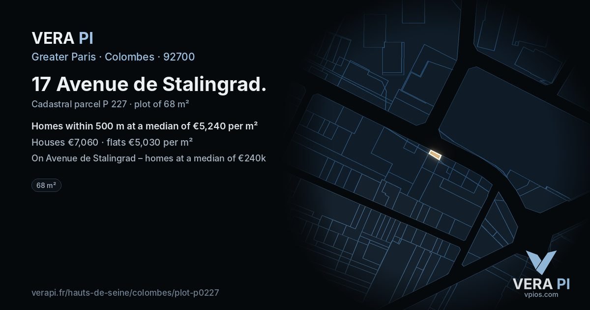 17 Avenue de Stalingrad, Colombes at night – the plot lit, the parcels around coloured by the prices near them