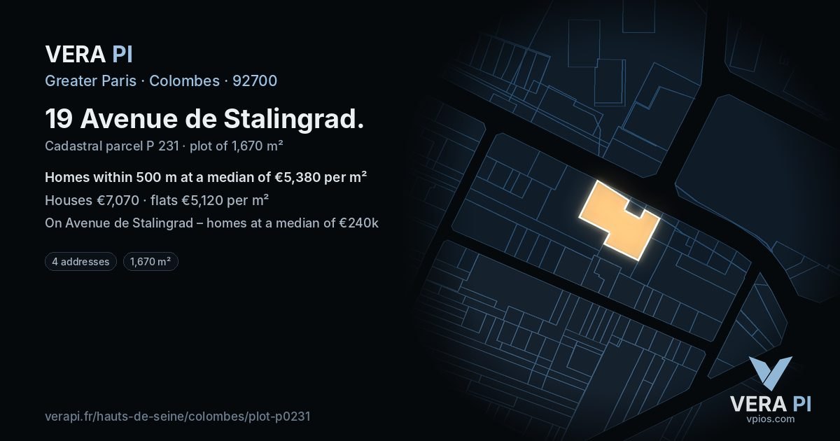 19 Avenue de Stalingrad, Colombes at night – the plot lit, the parcels around coloured by the prices near them