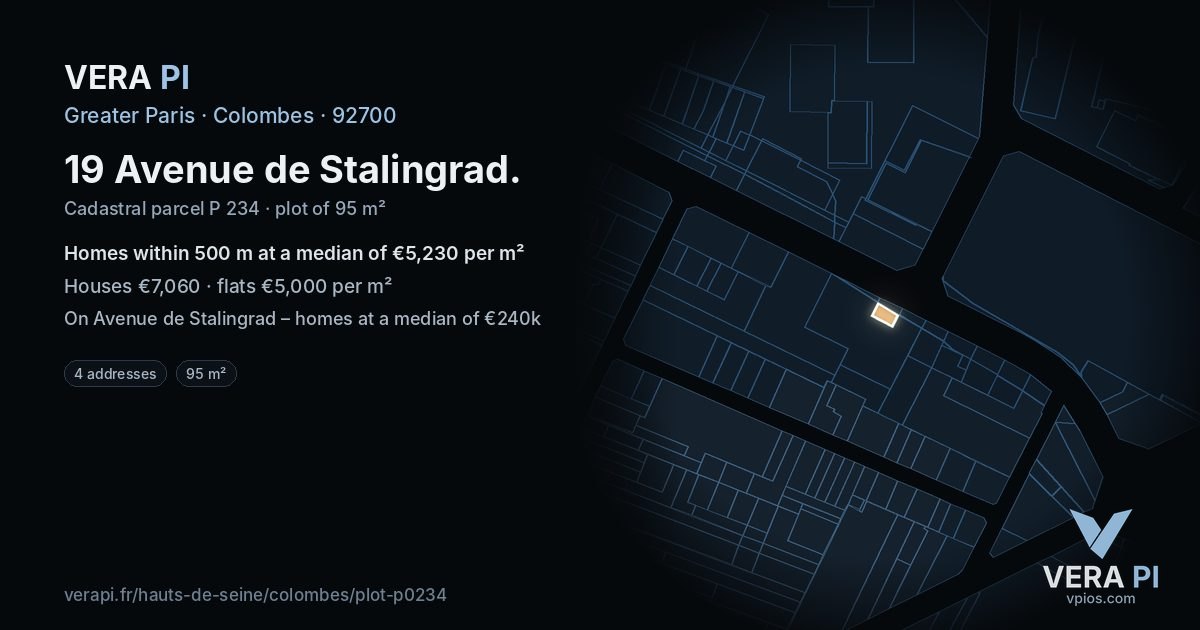 19 Avenue de Stalingrad, Colombes at night – the plot lit, the parcels around coloured by the prices near them