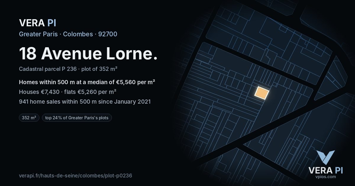 18 Avenue Lorne, Colombes at night – the plot lit, the parcels around coloured by the prices near them