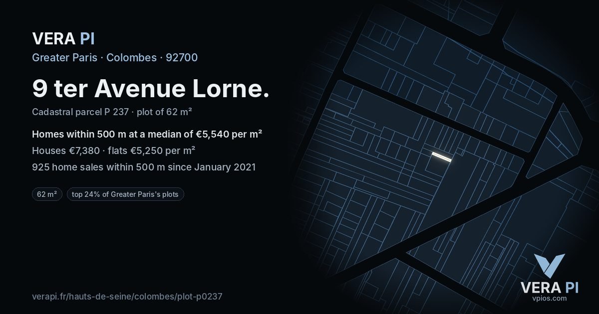9 ter Avenue Lorne, Colombes at night – the plot lit, the parcels around coloured by the prices near them