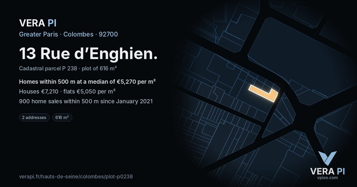 13 Rue d’Enghien, Colombes at night – the plot lit, the parcels around coloured by the prices near them
