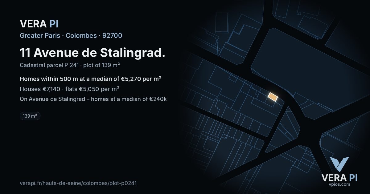 11 Avenue de Stalingrad, Colombes at night – the plot lit, the parcels around coloured by the prices near them
