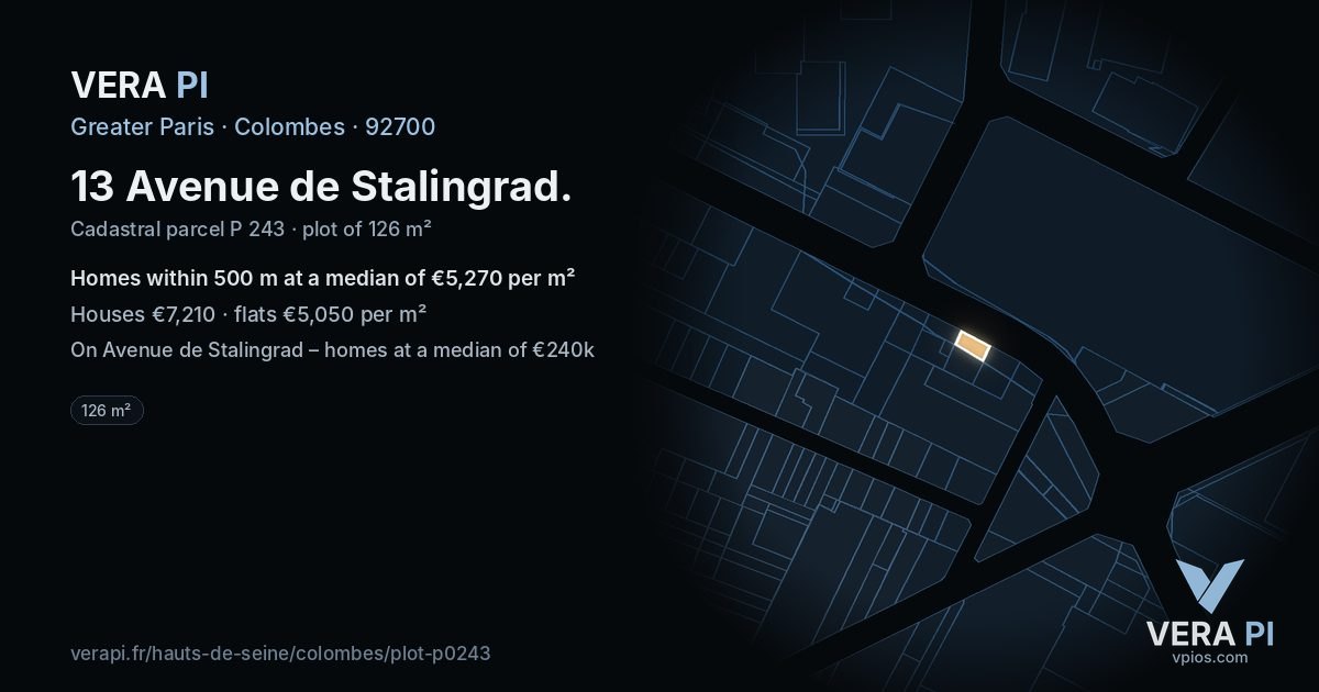 13 Avenue de Stalingrad, Colombes at night – the plot lit, the parcels around coloured by the prices near them