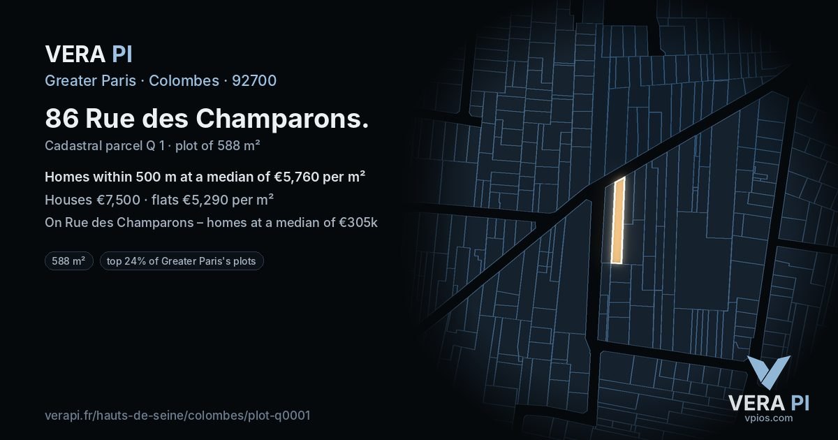 86 Rue des Champarons, Colombes at night – the plot lit, the parcels around coloured by the prices near them