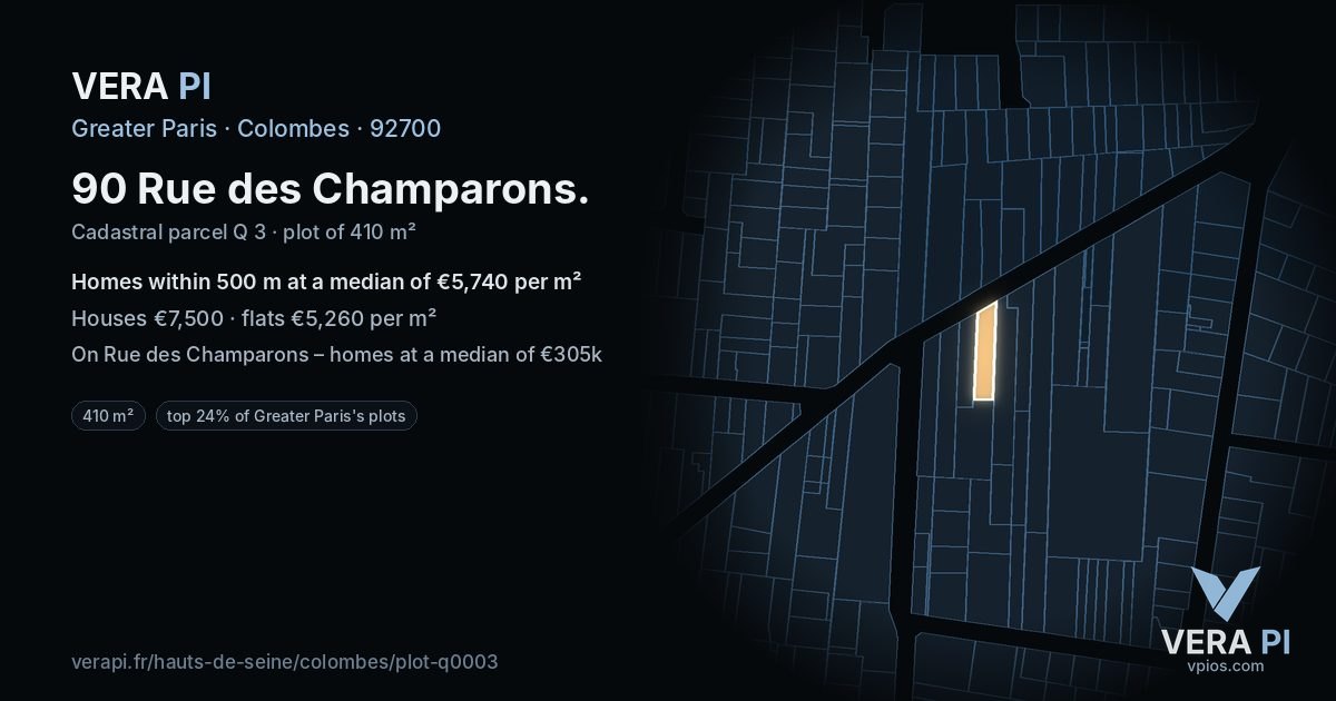 90 Rue des Champarons, Colombes at night – the plot lit, the parcels around coloured by the prices near them