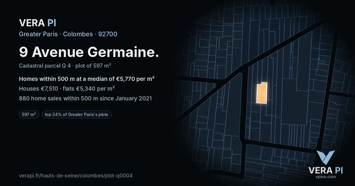 9 Avenue Germaine, Colombes at night – the plot lit, the parcels around coloured by the prices near them