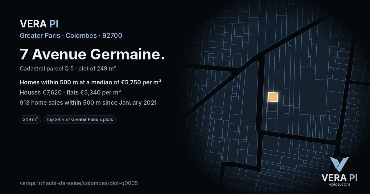 7 Avenue Germaine, Colombes at night – the plot lit, the parcels around coloured by the prices near them
