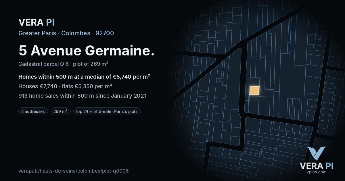 5 Avenue Germaine, Colombes at night – the plot lit, the parcels around coloured by the prices near them