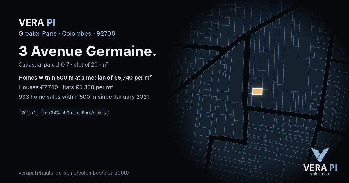 3 Avenue Germaine, Colombes at night – the plot lit, the parcels around coloured by the prices near them