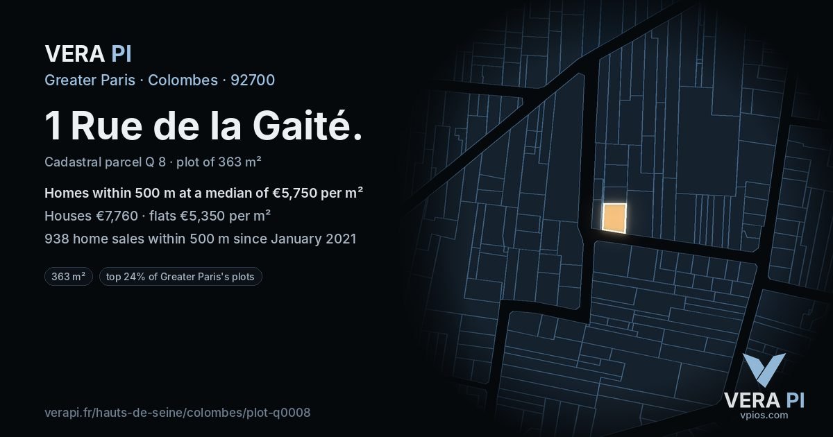 1 Rue de la Gaité, Colombes at night – the plot lit, the parcels around coloured by the prices near them