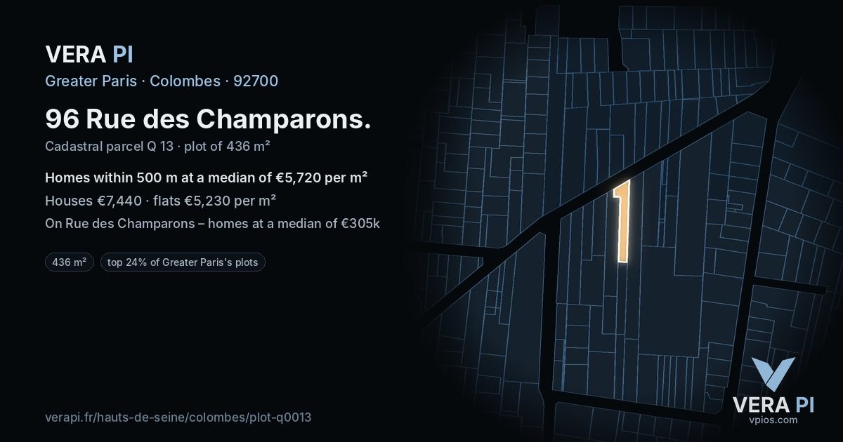 96 Rue des Champarons, Colombes at night – the plot lit, the parcels around coloured by the prices near them