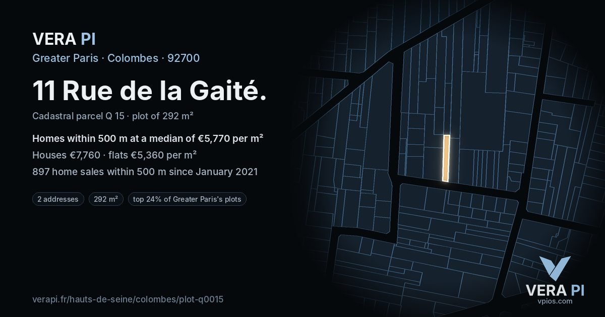 11 Rue de la Gaité, Colombes at night – the plot lit, the parcels around coloured by the prices near them