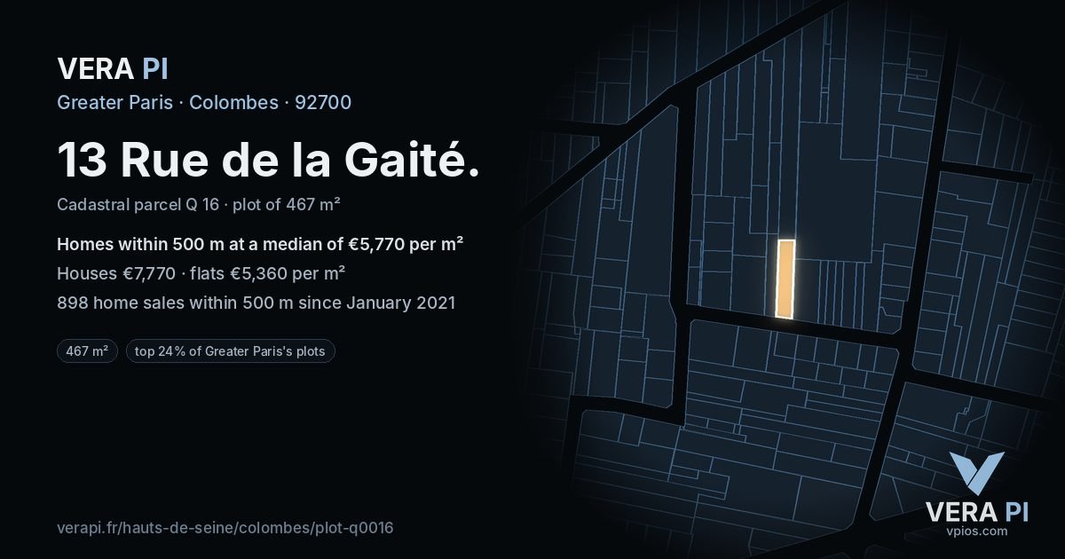 13 Rue de la Gaité, Colombes at night – the plot lit, the parcels around coloured by the prices near them