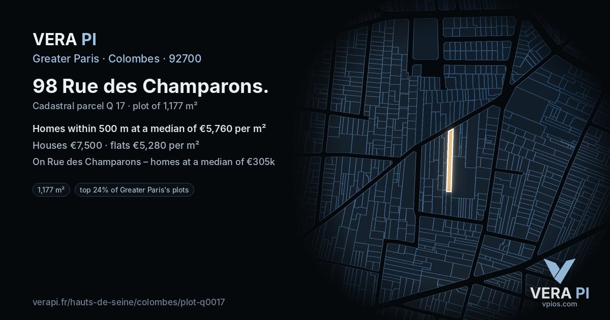 98 Rue des Champarons, Colombes at night – the plot lit, the parcels around coloured by the prices near them