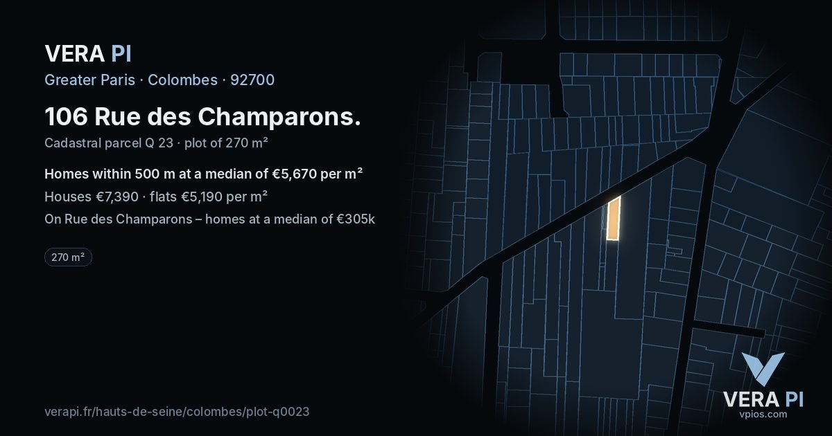 106 Rue des Champarons, Colombes at night – the plot lit, the parcels around coloured by the prices near them