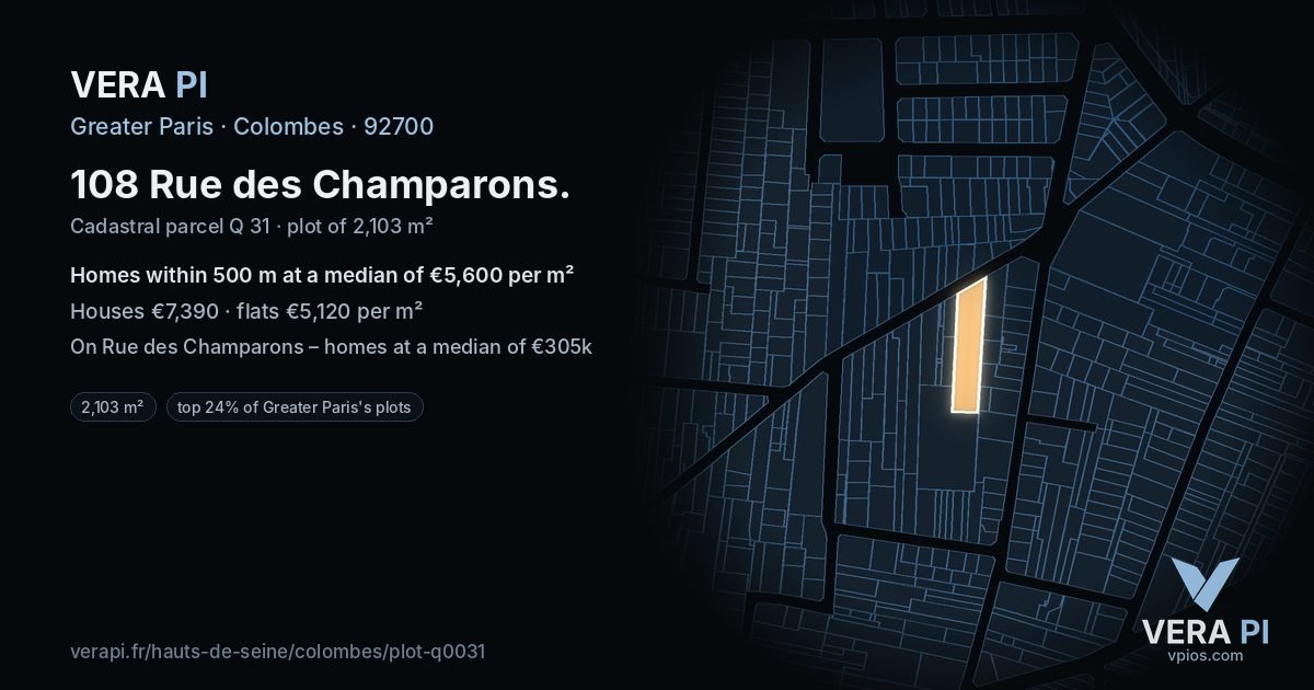 108 Rue des Champarons, Colombes at night – the plot lit, the parcels around coloured by the prices near them