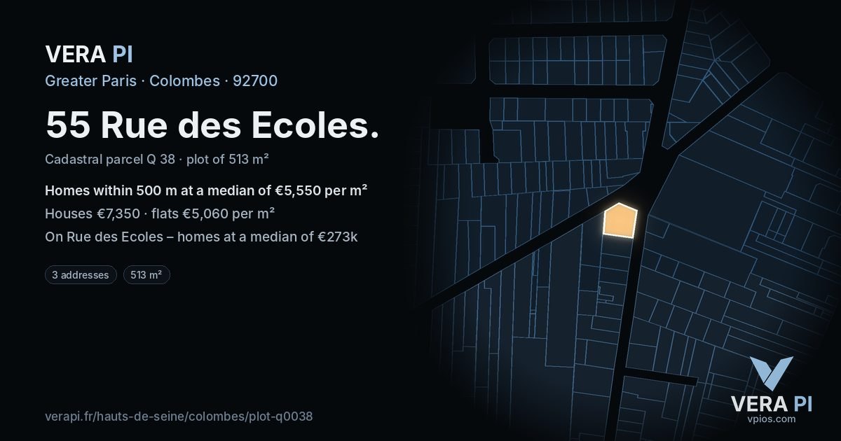 55 Rue des Ecoles, Colombes at night – the plot lit, the parcels around coloured by the prices near them