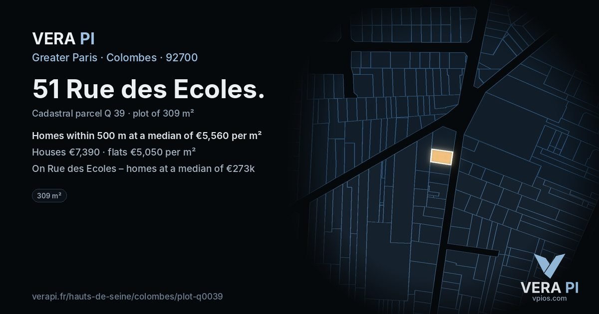 51 Rue des Ecoles, Colombes at night – the plot lit, the parcels around coloured by the prices near them