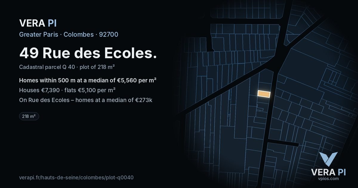 49 Rue des Ecoles, Colombes at night – the plot lit, the parcels around coloured by the prices near them