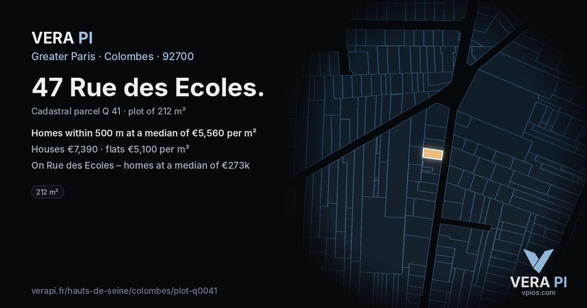 47 Rue des Ecoles, Colombes at night – the plot lit, the parcels around coloured by the prices near them