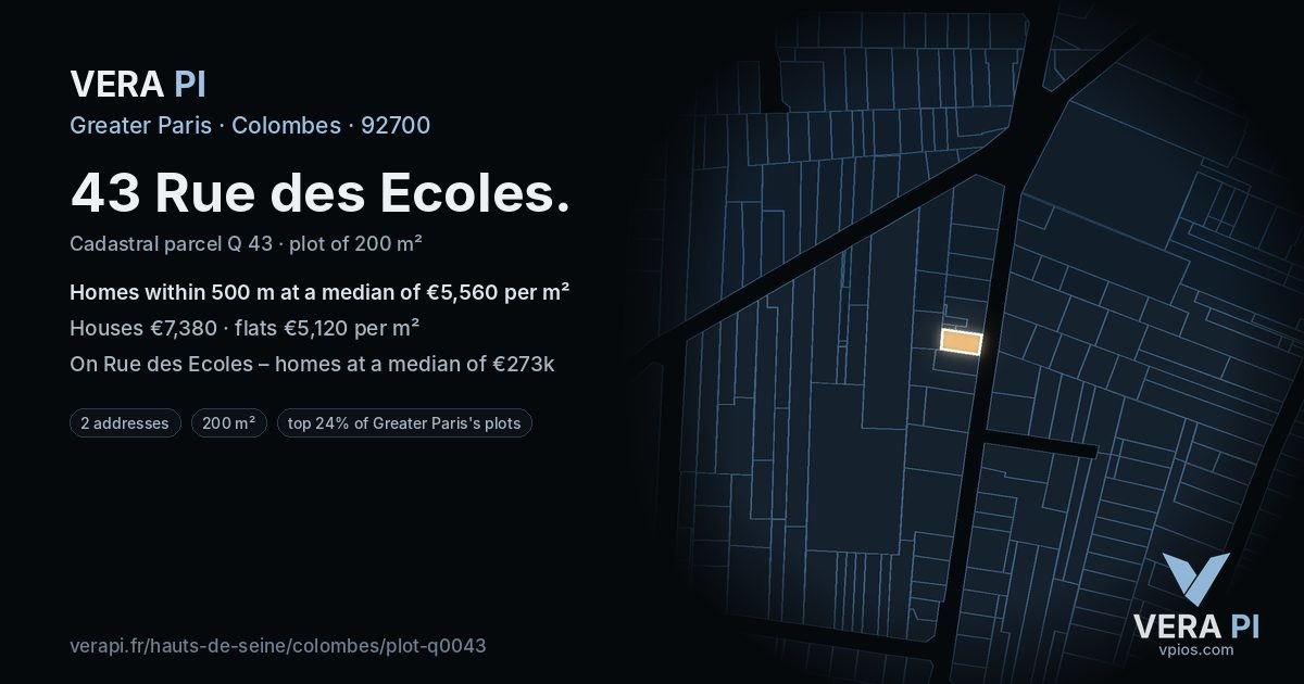 43 Rue des Ecoles, Colombes at night – the plot lit, the parcels around coloured by the prices near them