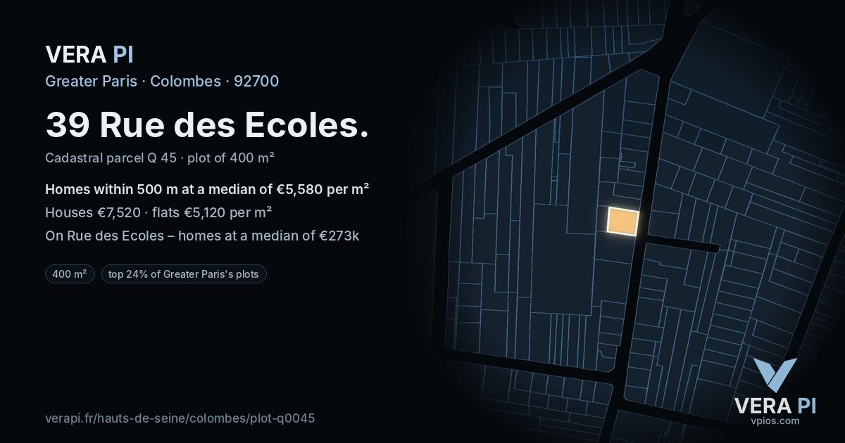 39 Rue des Ecoles, Colombes at night – the plot lit, the parcels around coloured by the prices near them