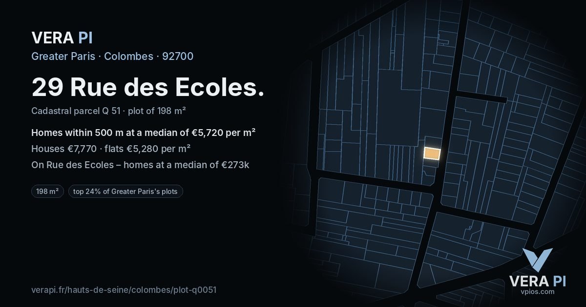 29 Rue des Ecoles, Colombes at night – the plot lit, the parcels around coloured by the prices near them