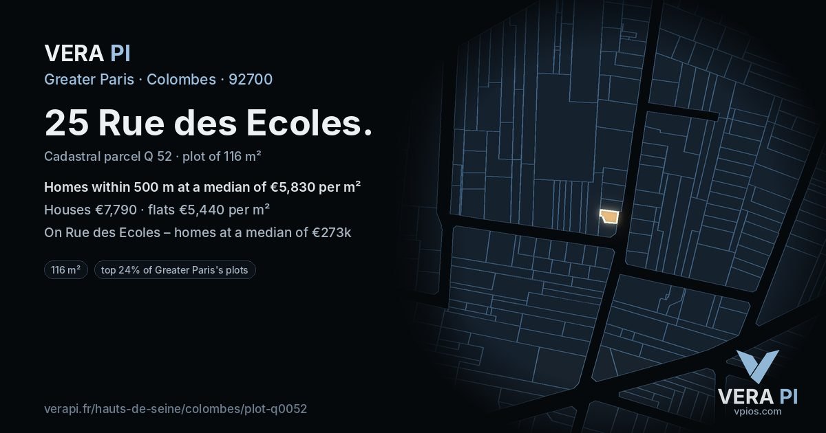 25 Rue des Ecoles, Colombes at night – the plot lit, the parcels around coloured by the prices near them