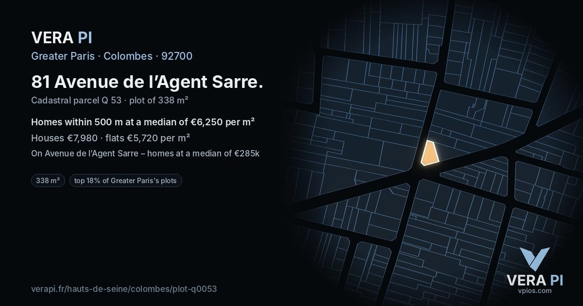 81 Avenue de l’Agent Sarre, Colombes at night – the plot lit, the parcels around coloured by the prices near them