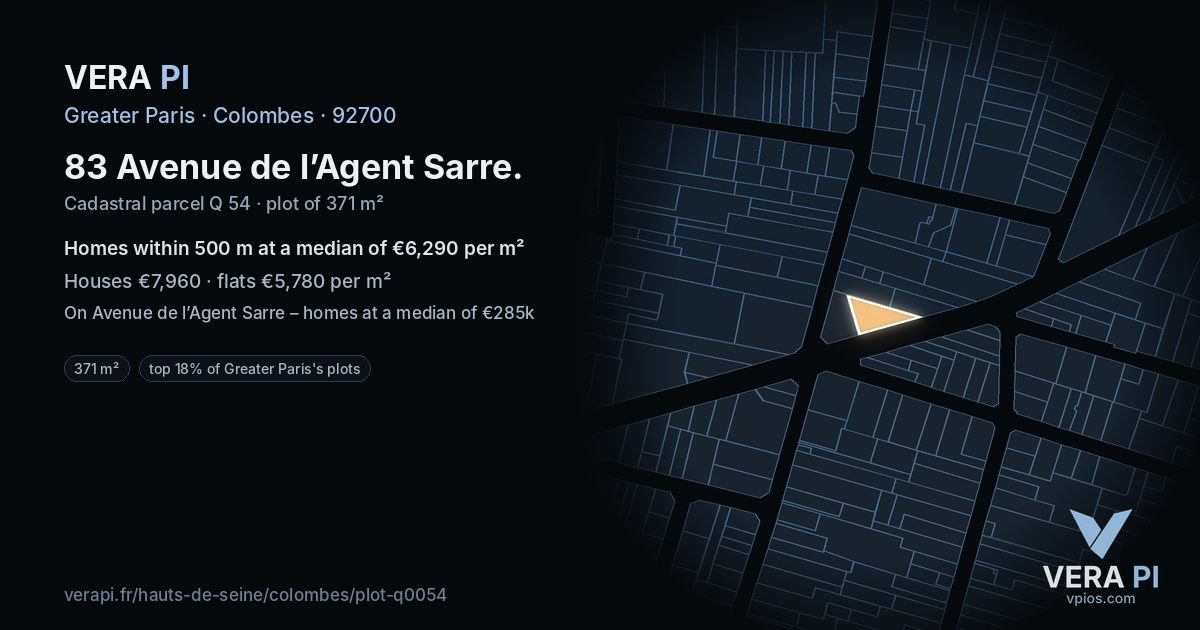 83 Avenue de l’Agent Sarre, Colombes at night – the plot lit, the parcels around coloured by the prices near them