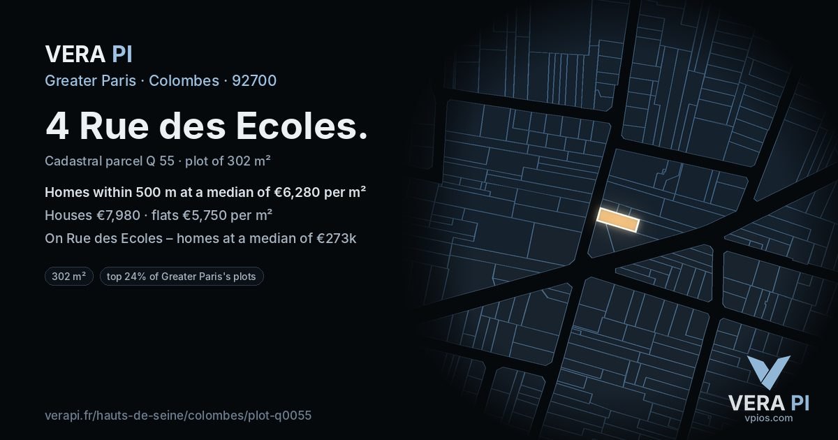 4 Rue des Ecoles, Colombes at night – the plot lit, the parcels around coloured by the prices near them
