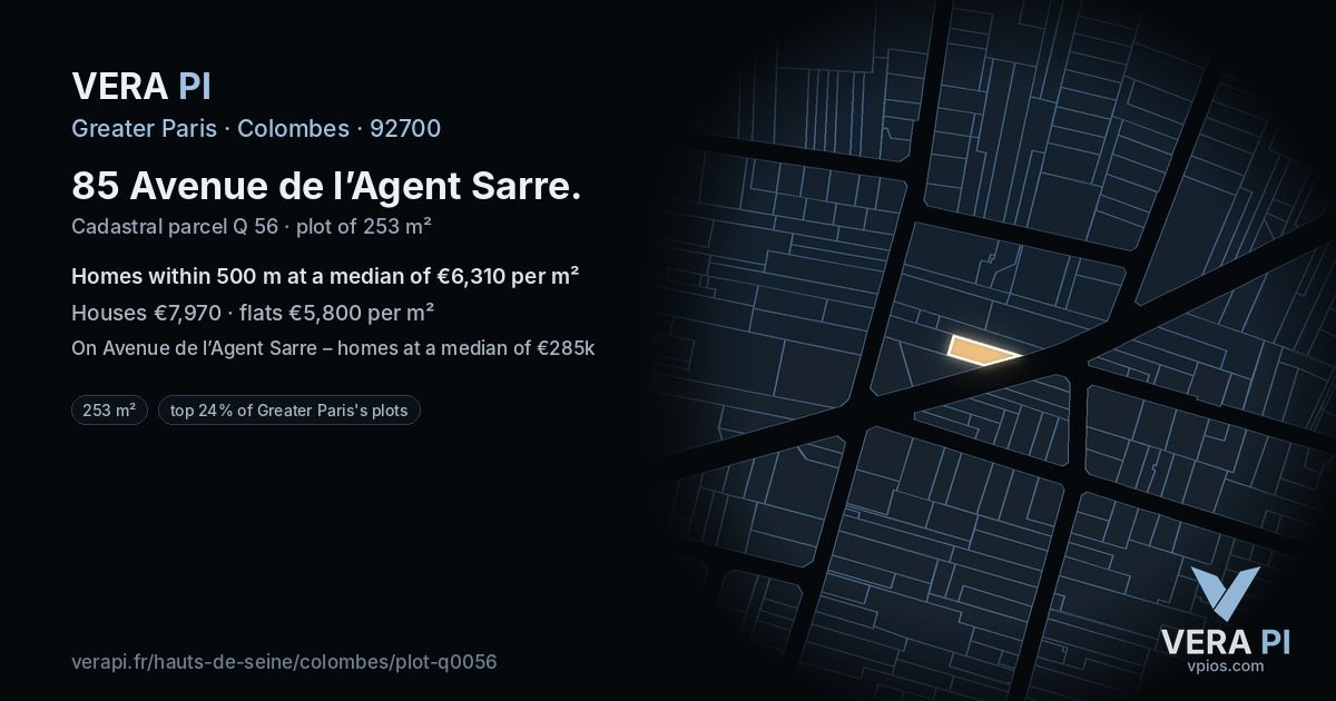 85 Avenue de l’Agent Sarre, Colombes at night – the plot lit, the parcels around coloured by the prices near them
