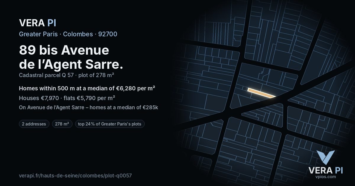 89 bis Avenue de l’Agent Sarre, Colombes at night – the plot lit, the parcels around coloured by the prices near them