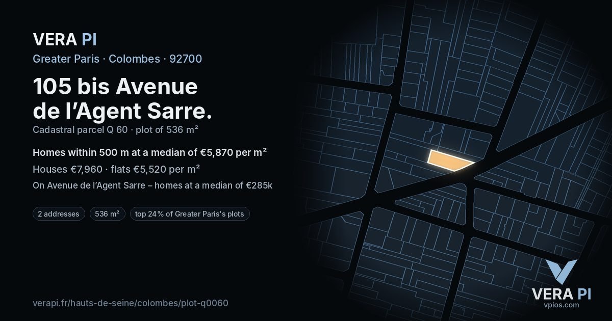 105 bis Avenue de l’Agent Sarre, Colombes at night – the plot lit, the parcels around coloured by the prices near them
