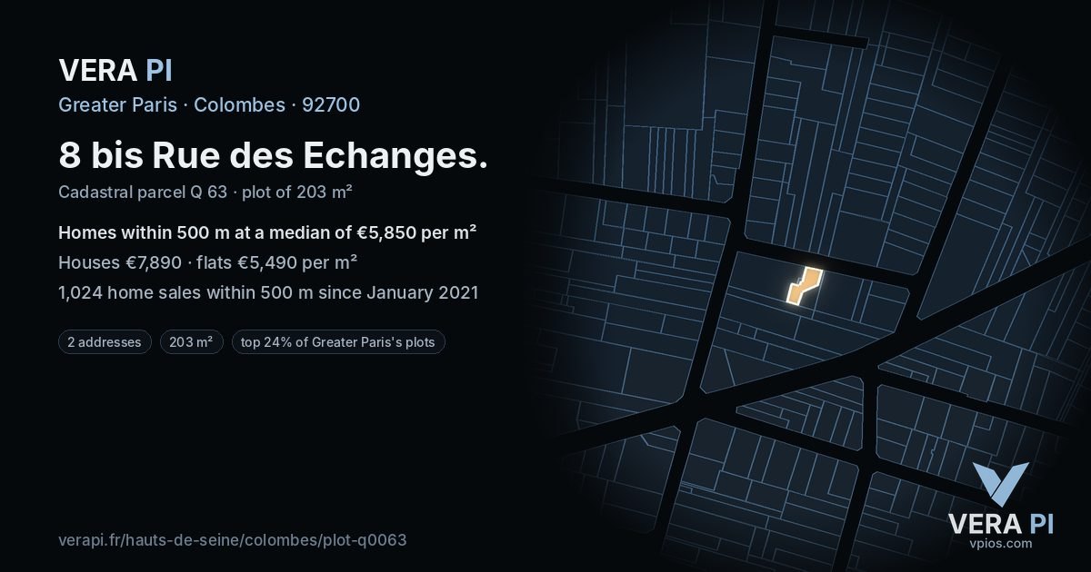 8 bis Rue des Echanges, Colombes at night – the plot lit, the parcels around coloured by the prices near them