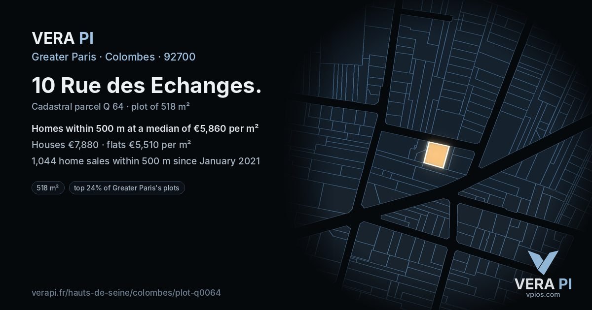 10 Rue des Echanges, Colombes at night – the plot lit, the parcels around coloured by the prices near them