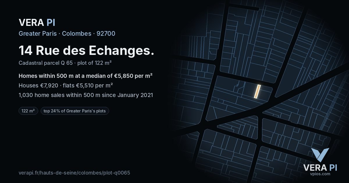 14 Rue des Echanges, Colombes at night – the plot lit, the parcels around coloured by the prices near them