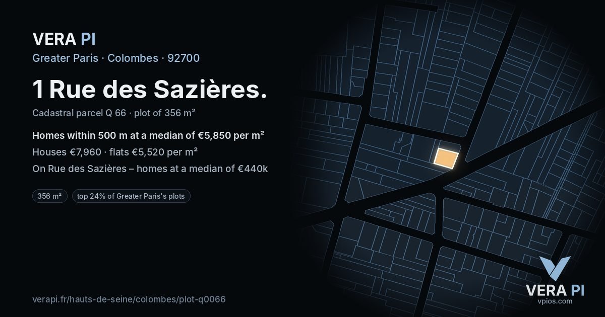 1 Rue des Sazières, Colombes at night – the plot lit, the parcels around coloured by the prices near them