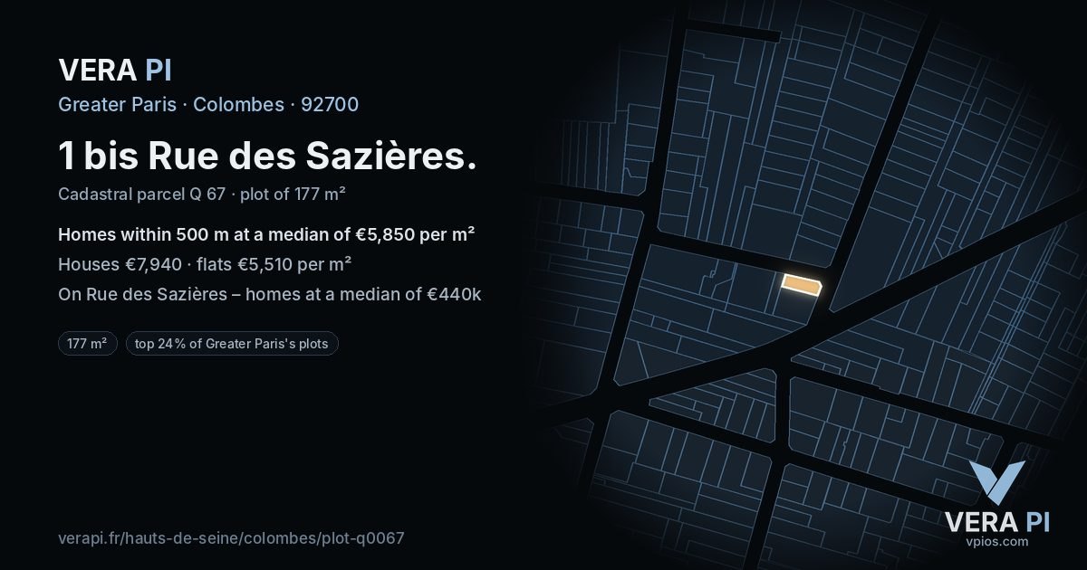 1 bis Rue des Sazières, Colombes at night – the plot lit, the parcels around coloured by the prices near them