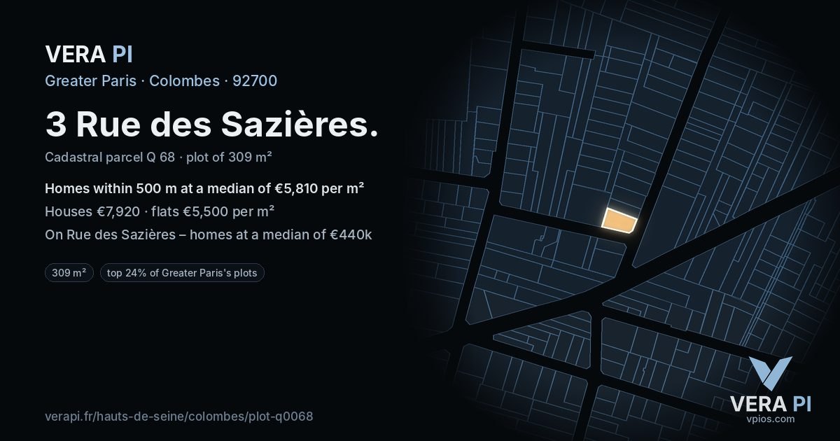 3 Rue des Sazières, Colombes at night – the plot lit, the parcels around coloured by the prices near them