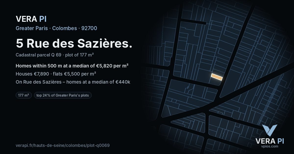 5 Rue des Sazières, Colombes at night – the plot lit, the parcels around coloured by the prices near them