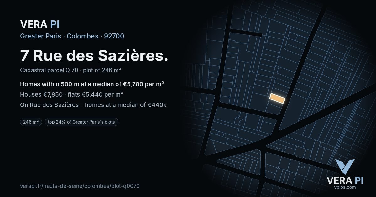 7 Rue des Sazières, Colombes at night – the plot lit, the parcels around coloured by the prices near them
